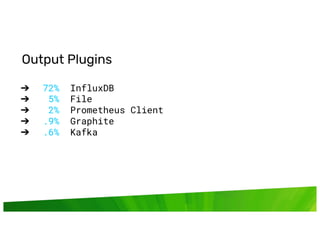 © InﬂuxData. All rights reserved.
Output Plugins
➔ 72% InfluxDB
➔ 5% File
➔ 2% Prometheus Client
➔ .9% Graphite
➔ .6% Kafka
 