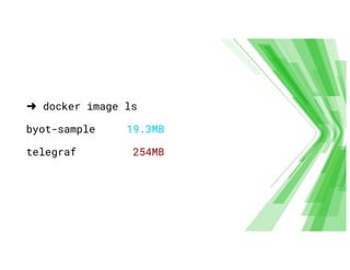 ➜ docker image ls
byot-sample 19.3MB
telegraf 254MB
 
