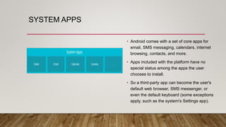 SYSTEM APPS
• Android comes with a set of core apps for
email, SMS messaging, calendars, internet
browsing, contacts, and more.
• Apps included with the platform have no
special status among the apps the user
chooses to install.
• So a third-party app can become the user's
default web browser, SMS messenger, or
even the default keyboard (some exceptions
apply, such as the system's Settings app).
 