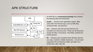 APK STRUCTURE
• An APK file is a compressed package that contains
the following files and directories:
• assets — directory with application assets. (files
used within the Android app, such as XML files,
JavaScript files, and pictures)
• res — directory with all resources that are not
compiled into resources.arsc. These are all resources
except the files in res/values. This folder contains the
activity layouts.
• lib — directory with compiled native libraries used by
your app. Contains multiple directories —one for each
supported CPU architecture (ABI). [armeabi-v7a |
arm64-v8a | x86 | x86_64]
 