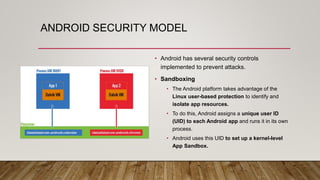 ANDROID SECURITY MODEL
• Android has several security controls
implemented to prevent attacks.
• Sandboxing
• The Android platform takes advantage of the
Linux user-based protection to identify and
isolate app resources.
• To do this, Android assigns a unique user ID
(UID) to each Android app and runs it in its own
process.
• Android uses this UID to set up a kernel-level
App Sandbox.
 