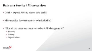 46
Data as a Service / Microservices
• DaaS = expose APIs to access data easily
• Microservice development (= technical APIs)
• “Plus all the other use cases related to API Management.”
• Security
• Catalog
• Organizations
 