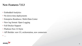 48
New Features 7.5.3
• Embedded Analytics
• No down-time deployments
• Enterprise Readiness: Multi-Data Center
• New log format: Open Logging
• Full Docker Support
• Platform New UI Style
• API Builder: new UI, orchestration, new connectors
• …
 