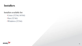 56
Installers
Installers available for:
•Linux (32 bit, 64 bit)
•Sun (32 bit)
•Windows (32 bit)
 