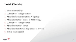 72
Install Checklist
1. Installation complete
2. Admin Node Manager installed
3. QuickStart Group created in API topology
4. QuickStart Instance created in API topology
5. Admin Node Manager started
6. QuickStart Instance started
7. QuickStart Introduction page opened in browser
8. Policy Studio opened
 