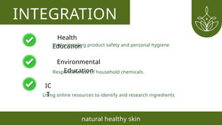 INTEGRATION
natural healthy skin
Health
Education
Understanding product safety and personal hygiene
Environmental
Education
·Responsible use of household chemicals.
IC
T
Using online resources to identify and research ingredients
 