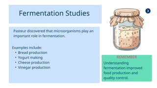 Fermentation Studies
Understanding
fermentation improved
food production and
quality control.
REMEMBER
Pasteur discovered that microorganisms play an
important role in fermentation.
Examples include:
• Bread production
• Yogurt making
• Cheese production
• Vinegar production
 