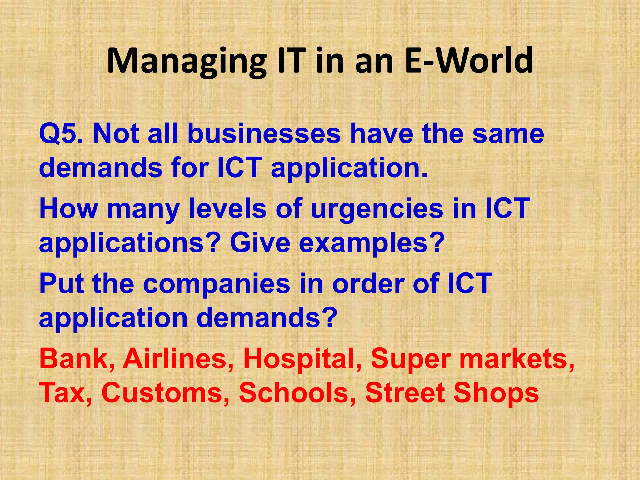 Managing IT in an E-World
Q5. Not all businesses have the same
demands for ICT application.
How many levels of urgencies in ICT
applications? Give examples?
Put the companies in order of ICT
application demands?
Bank, Airlines, Hospital, Super markets,
Tax, Customs, Schools, Street Shops
 