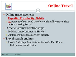 MIS - 2016 10/4/2016MIS - 2016 10/4/2016
Online Travel
6-20
 Online travel agencies
 Expedia, Travelocity, Orbitz
 75 percent of surveyed travelers visit online travel sites
before booking travel
 Direct customer relationships
 JetBlue, InterContinental Hotels
 Customers purchase services directly
 Travel search engines
 Kayak, SideStep, Mobissimo, Yahoo!’s FareChase
 Link to suppliers’ Web sites
 