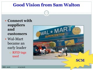 MIS - 2016 10/4/2016MIS - 2016 10/4/2016
Good Vision from Sam Walton
2-58
 Connect with
suppliers
and
customers
 Wal-Mart
became an
early leader
 RFID tags
used
SCM
 