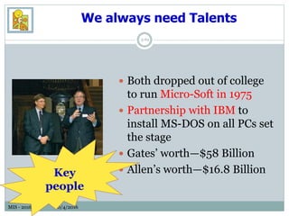 MIS - 2016 10/4/2016MIS - 2016 10/4/2016
We always need Talents
3-62
 Both dropped out of college
to run Micro-Soft in 1975
 Partnership with IBM to
install MS-DOS on all PCs set
the stage
 Gates’ worth—$58 Billion
 Allen’s worth—$16.8 BillionKey
people
 