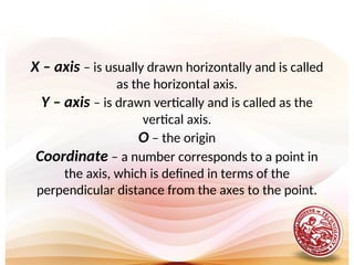 X – axis – is usually drawn horizontally and is called
as the horizontal axis.
Y – axis – is drawn vertically and is called as the
vertical axis.
O – the origin
Coordinate – a number corresponds to a point in
the axis, which is defined in terms of the
perpendicular distance from the axes to the point.
 