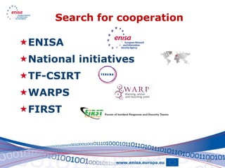 Search for cooperation

ENISA
National initiatives
TF-CSIRT
WARPS
FIRST



                               35
 