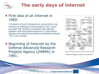 The early days of internet

 First idea of an Internet in
  1960:
  "A network of such [computers], connected to one
  another by wideband communication lines" which
  provided "the functions of present-day libraries
  together with anticipated advances in information
  storage and retrieval and [other] symbiotic functions.
  ” by .C.R. Licklider



 Beginning of Internet by the
  Defense Advanced Research
  Projects Agency (DARPA) in
  1981.
                                                           Map of the TCP/IP test network in January 1982




                                                                                                       4
 