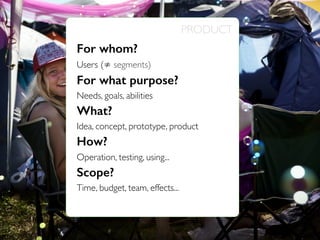 PRODUCT

For whom?
Users (≠ segments)

For what purpose?
Needs, goals, abilities

What?
Idea, concept, prototype, product

How?
Operation, testing, using...

Scope?
Time, budget, team, effects...

 