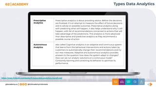 https://www.linkedin.com/pulse/5-types-data-analytics-murali-ravi
Prescriptive
Analytics
Prescriptive analytics is about providing advice. Before the decisions
are ﬁnalized, It’s an attempt to measure the effect of future decisions
and to advise on possible outcomes. Prescriptive analytics along
with predicting what will happen, it also helps understand why it will
happen, with list of recommendations concerned to actions that will
take advantage of the predictions. This analytics is more advanced
than descriptive and predictive analytics as they recommend a
possible course of action
Autonomous
Analytics
also called Cognitive analytics is an adaptive and continuous system
that learns from the behavioral interventions and actions taken by
customers to automatically change their recommendations and try
out new measures. Adaptive and autonomous analytics provides
answers to the question how does the system adapt to changes?
How can we run analytic solutions on a continuous mode?
Constantly learning and correcting its behavior to optimize its
performance
Types Data Analytics
 