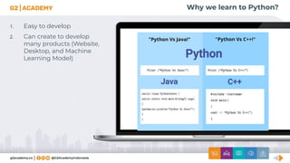 Why we learn to Python?
1. Easy to develop
2. Can create to develop
many products (Website,
Desktop, and Machine
Learning Model)
 