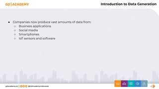 Introduction to Data Generation
● Companies now produce vast amounts of data from:
○ Business applications
○ Social media
○ Smartphones
○ IoT sensors and software
 