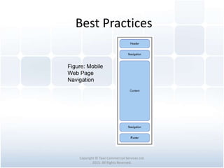 Best Practices
Copyright © Tawi Commercial Services Ltd.
2015. All Rights Reserved.
Figure: Mobile
Web Page
Navigation
 