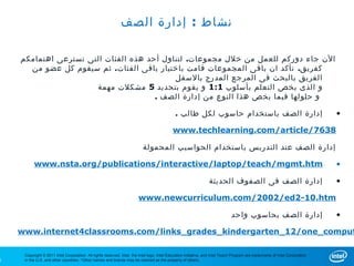 ‫نشاط : إدارة الصف‬

    ‫الن جاء دوركم للعمل من خلل مجموعات. لتناول أحد هذه الفئات التى تسترعى اهتمامكم‬
      ‫كفريق. تأكد ان باقى المجموعات قامت باختيار باقى الفئات. ثم سيقوم كل عضو من‬
                                           ‫الفريق بالبحث فى المرجع المدرج بالسفل‬
                      ‫و الذى يخص التعلم بأسلوب 1:1 و يقوم بتحديد 5 مشكلت مهمة‬
                                      . ‫و حلولها فيما يخص هذا النوع من إدارة الصف‬

                                                                                              . ‫إدارة الصف باستخدام حاسوب لكل طالب‬                                             •

                                                                                            www.techlearning.com/article/7638

                                                                           ‫إدارة الصف عند التدريس باستخدام الحواسيب المحمولة‬

          www.nsta.org/publications/interactive/laptop/teach/mgmt.htm                                                                                                          •

                                                                                                                  ‫إدارة الصف فى الصفوف الحديثة‬                                 •

                                                                        www.newcurriculum.com/2002/ed2-10.htm

                                                                                                                               ‫إدارة الصف بحاسوب واحد‬                          •

    www.internet4classrooms.com/links_grades_kindergarten_12/one_comput

     Copyright © 2011 Intel Corporation. All rights reserved. Intel, the Intel logo, Intel Education Initiative, and Intel Teach Program are trademarks of Intel Corporation
0    in the U.S. and other countries. *Other names and brands may be claimed as the property of others.
 