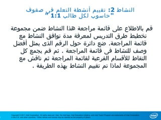 ‫النشاط 2: تقييم أنشطة التعلم فى صفوف‬
                            ‫" حاسوب لكل طالب 1:1 "‬

    ‫قم بالطلع على قائمة مراجعة هذا النشاط ضمن مجموعة‬
       ‫تخطيط طرق التدريس لمعرفة مدة توافق النشاط مع‬
     ‫قائمة المراجعة. ضع دائرة حول الرقم الذى يمثل أفضل‬
       ‫وصف للنشاط فى قائمة المراجعة . ثم قم بجمع كل‬
       ‫النقاط للقسام الفرعية لقائمة المراجعة ثم ناقش مع‬
           ‫المجموعة لماذا تم تقييم النشاط بهذه الطريقة .‬




    ‫‪Copyright © 2011 Intel Corporation. All rights reserved. Intel, the Intel logo, Intel Education Initiative, and Intel Teach Program are trademarks of Intel Corporation‬‬
‫2‬   ‫.‪in the U.S. and other countries. *Other names and brands may be claimed as the property of others‬‬
 
