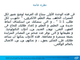 ‫نظرة عامة‬


‫فى هذه الوحدة الولى ستتاح لك الفرصة لوضع تصور لكل‬
‫وةووو ببيوةو التعومو اللكترووىو " وووووب لكل‬
         ‫حاس‬       ‫ن‬        ‫ل‬       ‫ئ‬    ‫المميزات الخاص‬
‫طاوبو 1:1 " . و التى ستمكنك من استكشاف أنماط‬         ‫ل‬
‫جديدة ونوو التعلومو و التعومو و إعداد طلوكو للنجاح فى‬
              ‫ب‬               ‫ل‬        ‫ي‬        ‫م‬
 ‫ورووو التقنى. ودووو العدودو ونوو أدوات التكنولوجواو‬
   ‫ي‬                   ‫ي م‬          ‫توج‬           ‫العص‬
‫و تطبيقاتها و التى توفر عدد ضخم من المصادر المتزايدة‬
‫بصفة مستمرة و مضاعفة. هذه الدوات يمكنها ان تساعد‬
‫وم و ونوو ونوو التصال‬
           ‫طلوكو عوىو التفكورو وقوو ، و تمكنه م م‬
                                ‫ي بعم‬         ‫ل‬    ‫ب‬
                                        ‫بالعالم الواقعى.‬



 ‫‪Copyright © 2011 Intel Corporation. All rights reserved. Intel, the Intel logo, Intel Education Initiative, and Intel Teach Program are trademarks of Intel Corporation‬‬
 ‫.‪in the U.S. and other countries. *Other names and brands may be claimed as the property of others‬‬
 