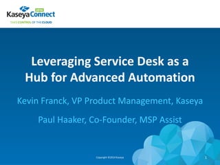 Leveraging Service Desk as a
Hub for Advanced Automation
Kevin Franck, VP Product Management, Kaseya
Paul Haaker, Co-Founder, MSP Assist
Copyright ©2014 Kaseya 1
 