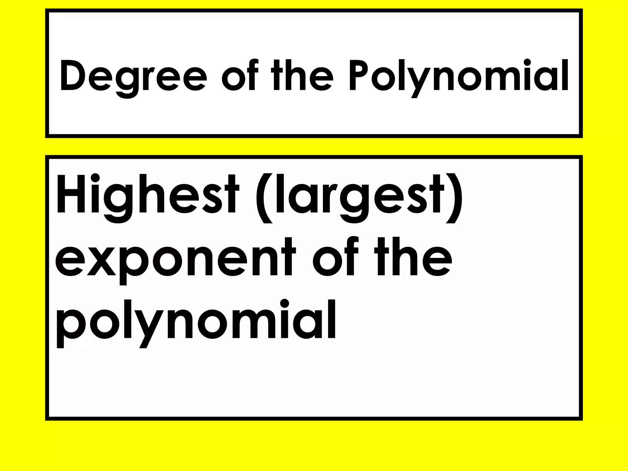 Degree of the Polynomial
Highest (largest)
exponent of the
polynomial
 