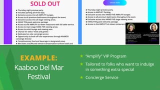 EXAMPLE:
Kaaboo Del Mar
Festival
“Amplify” VIP Program
Tailored to folks who want to indulge
in something extra special
Concierge Service
14
 