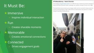 24
It Must Be:
Immersive
– Inspires individual interaction
Fun
– Creates sharable moments
Memorable
– Creates emotional connections
Connected
– Drives engagement goals
 