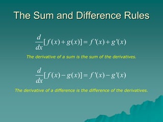 The Sum and Difference Rules
[ ( ) ( )] '( ) '( )
d
f x g x f x g x
dx
  
[ ( ) ( )] '( ) '( )
d
f x g x f x g x
dx
  
The derivative of a sum is the sum of the derivatives.
The derivative of a difference is the difference of the derivatives.
 