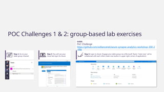 Step 1: Go to your
table group channel
Step 2: You will use your
cloud lab login for Azure
Step 3: Login to Azure. Engage your table group via a Microsoft Teams “meet now” call to
collaborate with each other (meet now button in upper right corner of application)
POC Challenges 1 & 2: group-based lab exercises
GUIDE:
PoC Challenge
https://github.com/solliancenet/azure-synapse-analytics-workshop-300-2
-day
 