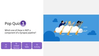 Pop Quiz
Which one of these is NOT a
component of a Synapse pipeline?
A)
I.R.
C)
Table
D)
Activity
B)
Linked
Service
 