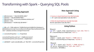 Transforming with Spark – Querying SQL Pools
val jdbcUsername = "<SQL DB ADMIN USER>"
val jdbcPwd = "<SQL DB ADMIN PWD>"
val jdbcHostname = "servername.database.windows.net”
val jdbcPort = 1433
val jdbcDatabase ="<AZURE SQL DB NAME>“
val jdbc_url = s"jdbc:sqlserver://${jdbcHostname}:${jdbcPort};database=$
{jdbcDatabase};encrypt=true;trustServerCertificate=false;hostNameInCertifi
cate=*.database.windows.net;loginTimeout=60;“
val connectionProperties = new Properties()
connectionProperties.put("user", s"${jdbcUsername}")
connectionProperties.put("password", s"${jdbcPwd}")
val sqlTableDf = spark.read.jdbc(jdbc_url, “dbo.Tbl1", connectionProperties)
// Construct a Spark DataFrame from SQL Pool table
var df = spark.read.sqlanalytics("sql1.dbo.Tbl1")
// Write the Spark DataFrame into SQL Pool table
df.write.sqlanalytics(“sql1.dbo.Tbl2”)
Existing Approach
New Approach Using
Scala
%%spark
val df = spark.read.sqlanalytics("sql1.dbo.Tbl1")
df.createOrReplaceTempView("tbl1")
%%pyspark
sample = spark.sql("SELECT * FROM tbl1")
sample.createOrReplaceTempView("tblnew")
%%spark
val df = spark.sql("SELECT * FROM tblnew")
df.write.sqlanalytics(“sql1.dbo.tbl2",
Constants.INTERNAL)
Using Python
 