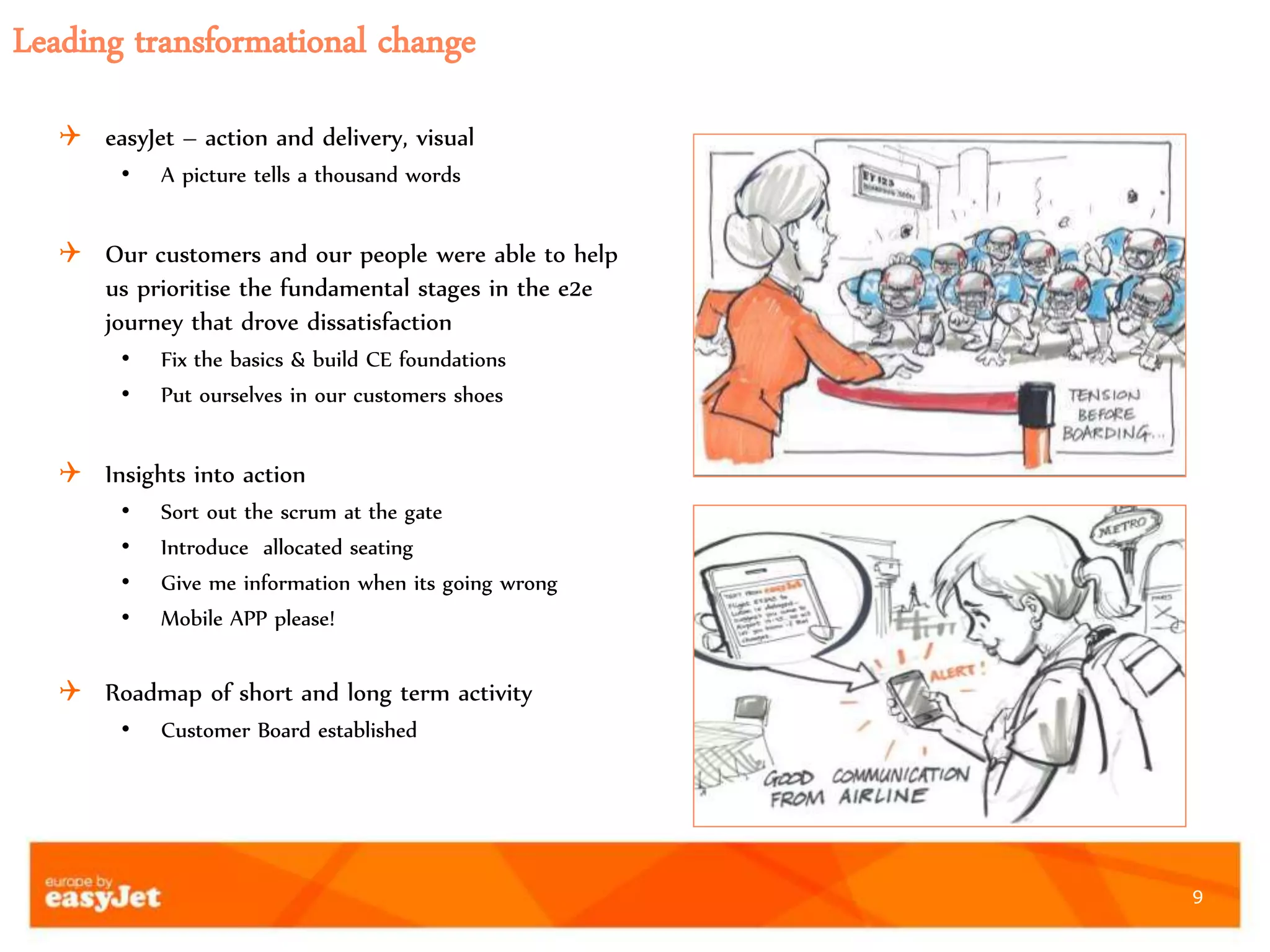 9
Leading transformational change
 easyJet – action and delivery, visual
• A picture tells a thousand words
 Our customers and our people were able to help
us prioritise the fundamental stages in the e2e
journey that drove dissatisfaction
• Fix the basics & build CE foundations
• Put ourselves in our customers shoes
 Insights into action
• Sort out the scrum at the gate
• Introduce allocated seating
• Give me information when its going wrong
• Mobile APP please!
 Roadmap of short and long term activity
• Customer Board established
 
