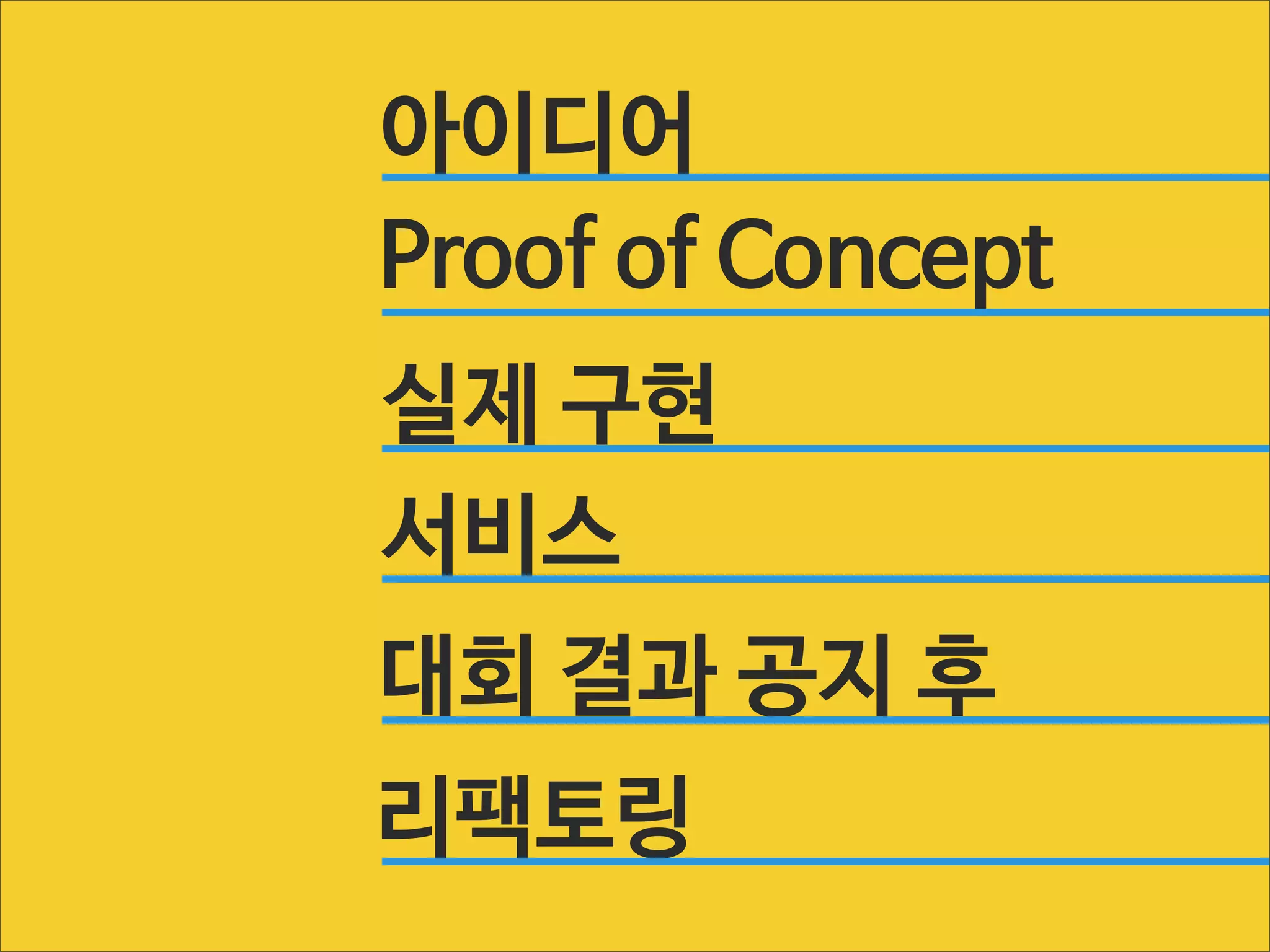 아이디어
Proof of Concept
실제 구현
서비스
대회 결과 공지 후
리팩토링

 