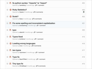 Github Archive에서 JSON 파일 다운로드
JSON 파일 MongoDB에 임포트
작업 목록 컬렉션에 추가
배치로 작업목록에 있는 타임라인을 처리
Commits API로 지원하는 언어이면 파싱
커밋별로 관례의 점수를 매긴 후 디비에 저장
한시간의 데이터를 언어별로 합산

 