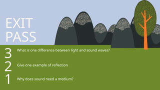 EXIT
PASS
What is one difference between light and sound waves?
3
2
1
Give one example of reflection
Why does sound need a medium?
 