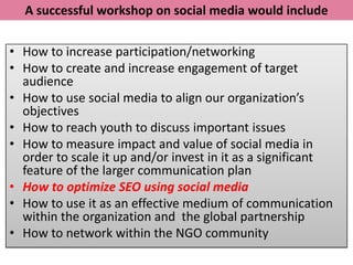 A successful workshop on social media would include


• How to increase participation/networking
• How to create and incre...