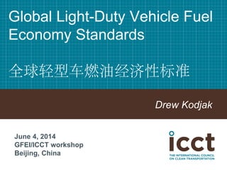 Global Light-Duty Vehicle Fuel Economy Standards 全球轻型车燃油经济性标准 
Drew Kodjak 
June 4, 2014 
GFEI/ICCT workshop 
Beijing, China  