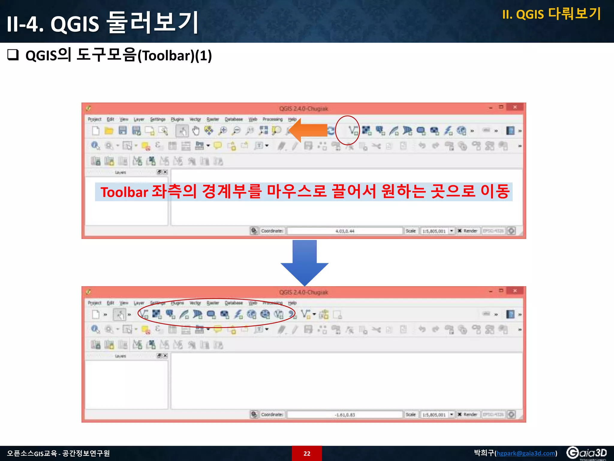22오픈소스GIS교육 - 공간정보연구원 박희구(hgpark@gaia3d.com)
II-4. QGIS 둘러보기
 QGIS의 도구모음(Toolbar)(1)
Toolbar 좌측의 경계부를 마우스로 끌어서 원하는 곳으로 이동
II. QGIS 다뤄보기
 