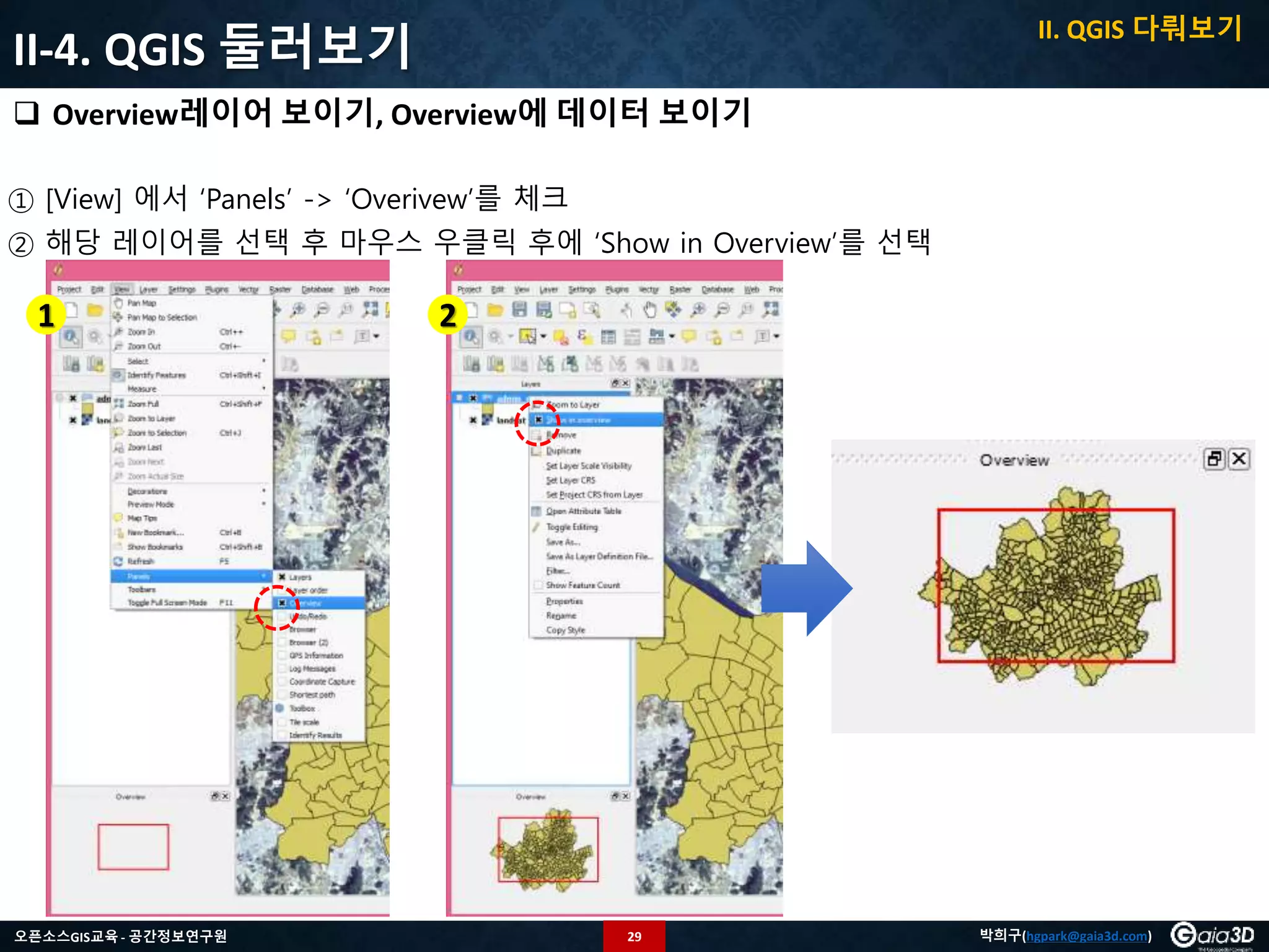 29오픈소스GIS교육 - 공간정보연구원 박희구(hgpark@gaia3d.com)
II-4. QGIS 둘러보기
 Overview레이어 보이기, Overview에 데이터 보이기
1 2
II. QGIS 다뤄보기
① [View] 에서 ‘Panels’ -> ‘Overivew’를 체크
② 해당 레이어를 선택 후 마우스 우클릭 후에 ‘Show in Overview’를 선택
 