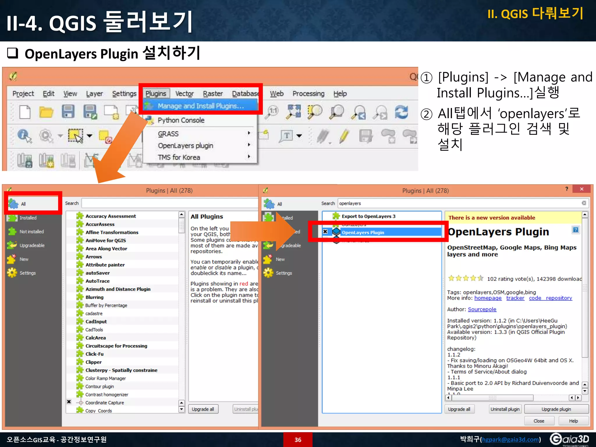 36오픈소스GIS교육 - 공간정보연구원 박희구(hgpark@gaia3d.com)
II-4. QGIS 둘러보기
 OpenLayers Plugin 설치하기
① [Plugins] -> [Manage and
Install Plugins…]실행
② All탭에서 ‘openlayers’로
해당 플러그인 검색 및
설치
II. QGIS 다뤄보기
 