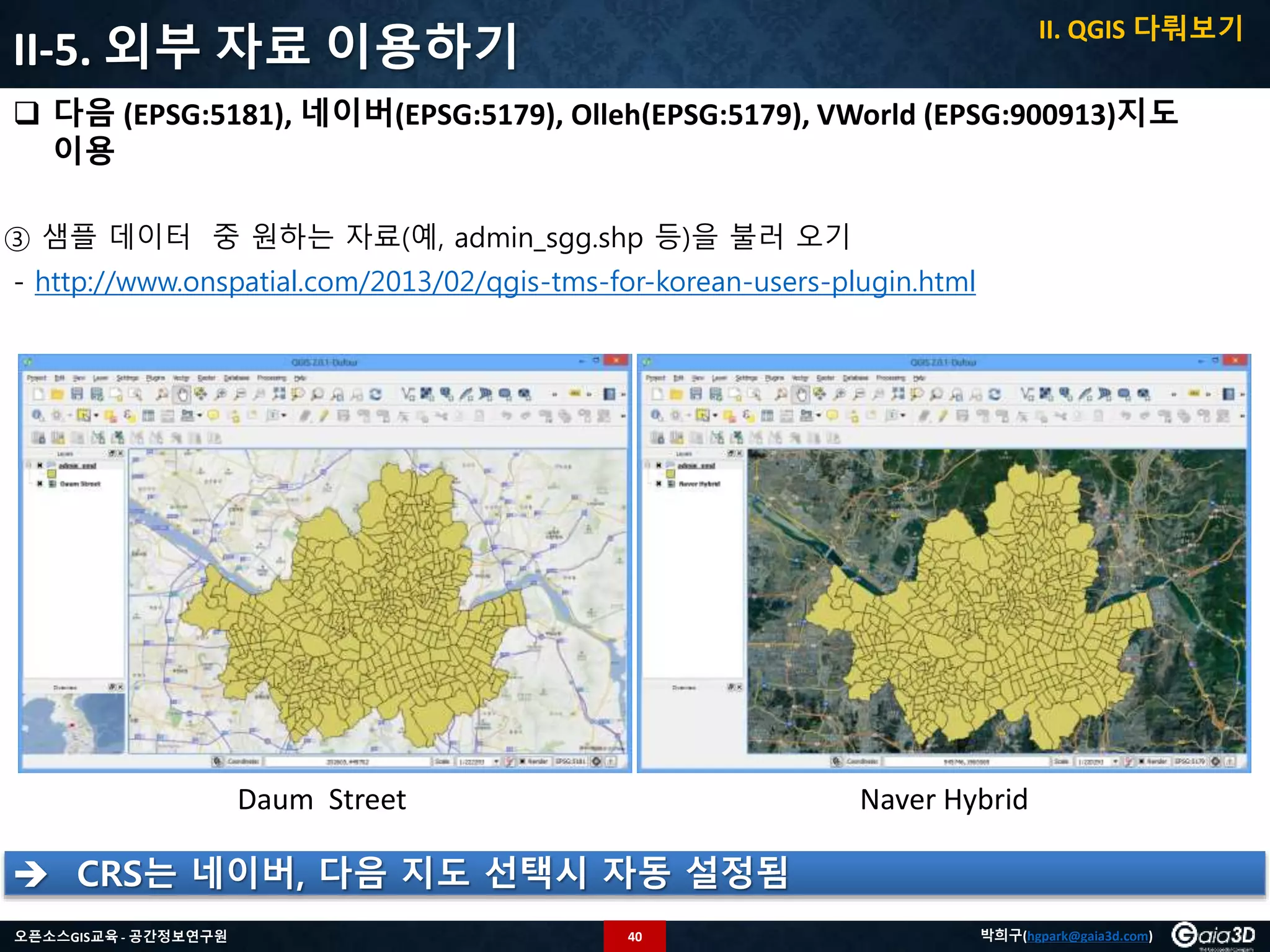 40오픈소스GIS교육 - 공간정보연구원 박희구(hgpark@gaia3d.com)
II-5. 외부 자료 이용하기
 다음 (EPSG:5181), 네이버(EPSG:5179), Olleh(EPSG:5179), VWorld (EPSG:900913)지도
이용
③ 샘플 데이터 중 원하는 자료(예, admin_sgg.shp 등)을 불러 오기
- http://www.onspatial.com/2013/02/qgis-tms-for-korean-users-plugin.html
Daum Street Naver Hybrid
 CRS는 네이버, 다음 지도 선택시 자동 설정됨
II. QGIS 다뤄보기
 