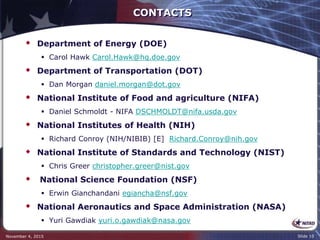 CONTACTS
 Department of Energy (DOE)
 Carol Hawk Carol.Hawk@hq.doe.gov
 Department of Transportation (DOT)
 Dan Morgan daniel.morgan@dot.gov
 National Institute of Food and agriculture (NIFA)
 Daniel Schmoldt - NIFA DSCHMOLDT@nifa.usda.gov
 National Institutes of Health (NIH)
 Richard Conroy (NIH/NIBIB) [E] Richard.Conroy@nih.gov
 National Institute of Standards and Technology (NIST)
 Chris Greer christopher.greer@nist.gov
 National Science Foundation (NSF)
 Erwin Gianchandani egiancha@nsf.gov
 National Aeronautics and Space Administration (NASA)
 Yuri Gawdiak yuri.o.gawdiak@nasa.gov
November 4, 2015 Slide 10
 