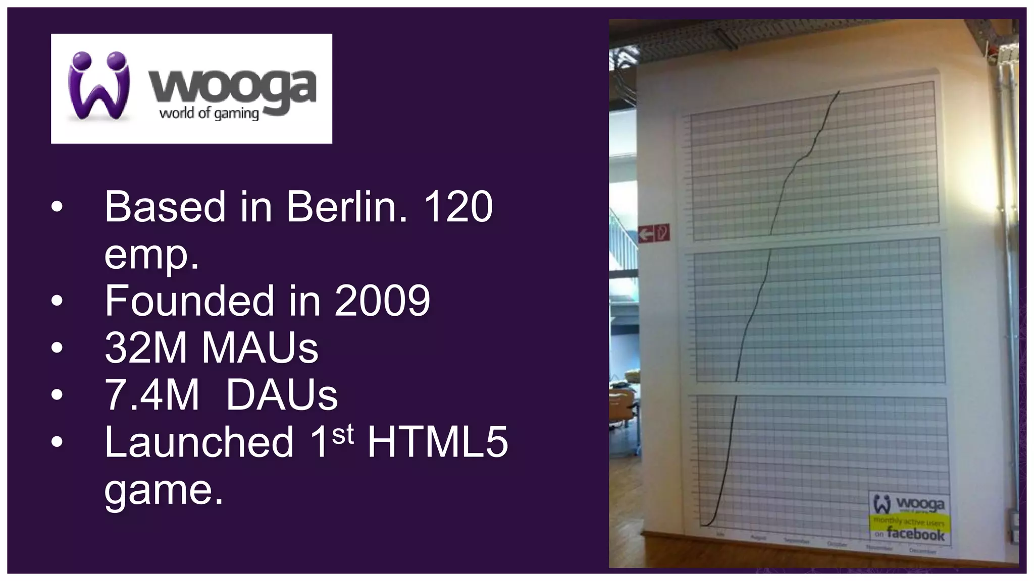 Wooga

• Based in Berlin. 120
  emp.
• Founded in 2009
• 32M MAUs
• 7.4M DAUs
• Launched 1 st HTML5

  game.
 