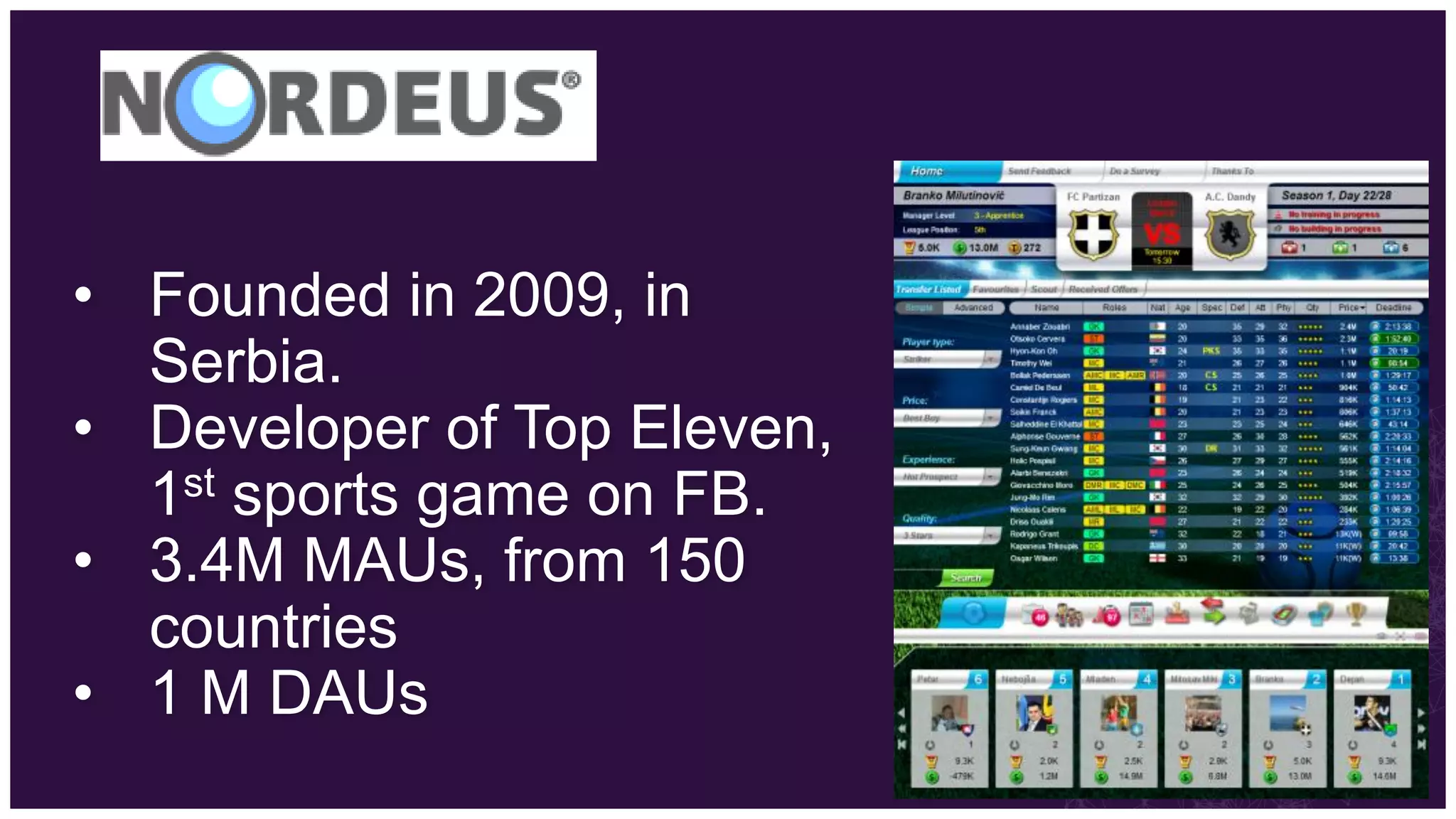 • Founded in 2009, in
  Serbia.
• Developer of Top Eleven,
  1st sports game on FB.

• 3.4M MAUs, from 150
  countries
• 1 M DAUs
 