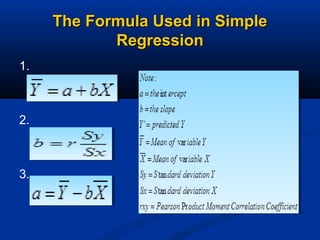 The Formula Used in SimpleThe Formula Used in Simple
RegressionRegression
1.
2.
3.
 