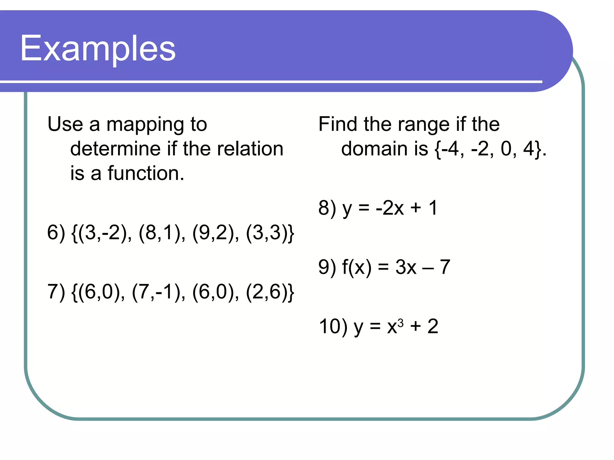 Examples Use a mapping to determine if the relation is a function. 6) {(3,-2), (8,1), (9,2), (3,3)} 7) {(6,0), (7,-1), (6,0), (2,6)} Find the range if the domain is {-4, -2, 0, 4}. 8) y = -2x + 1 9) f(x) = 3x – 7 10) y = x 3 + 2