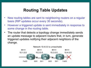 Routing Table Updates
• New routing tables are sent to neighboring routers on a regular
basis (RIP updates occur every 30 seconds).
• However a triggered update is sent immediately in response to
some change in the routing table.
• The router that detects a topology change immediately sends
an update message to adjacent routers that, in turn, generate
triggered updates notifying their adjacent neighbors of the
change.
 